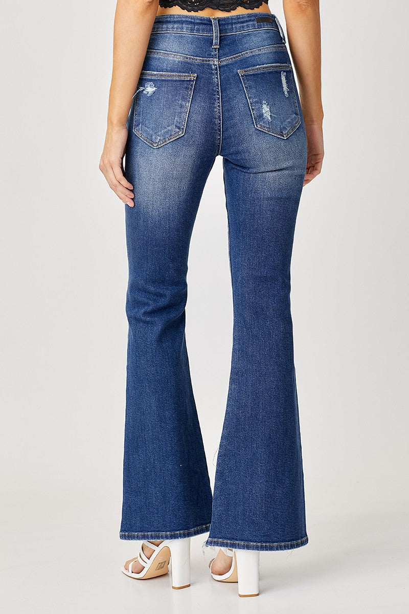 High Rise Frayed Ankle Wide Jeans - Dark