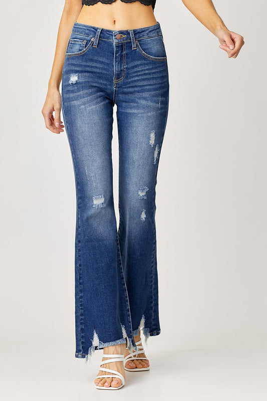 High Rise Frayed Ankle Wide Jeans - Dark