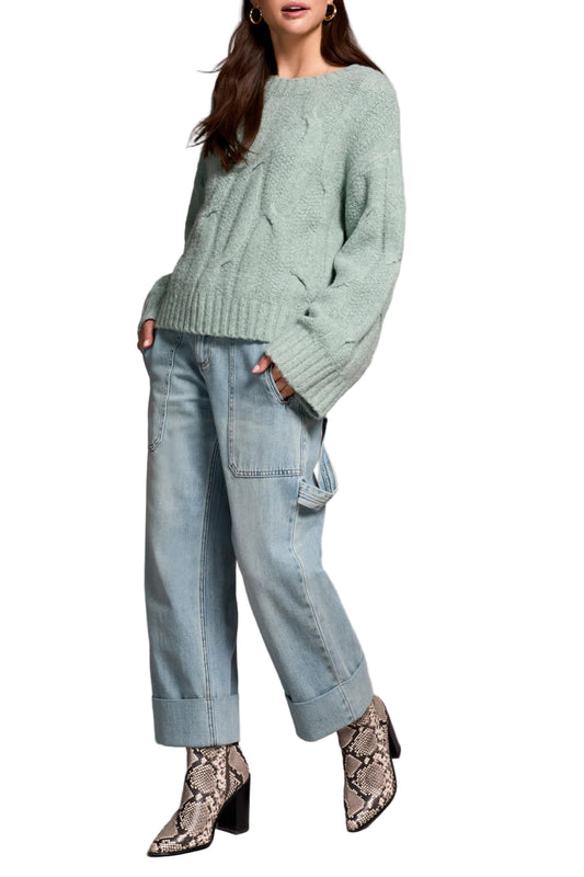 Tribal Crew Neck Loose Fit Cable Sweater - SilverPine