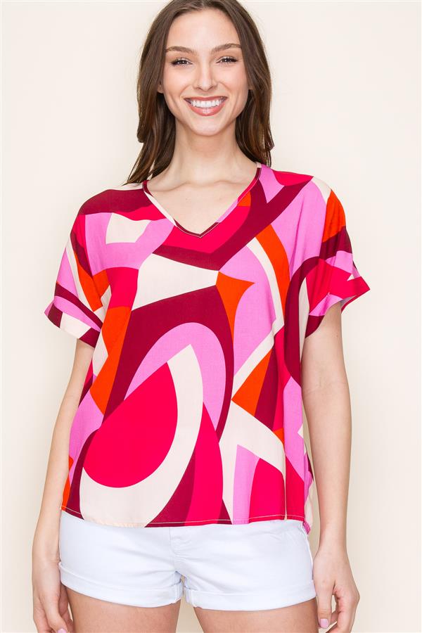 Short Sleeve Geo Print Blouse - Pink/Orange