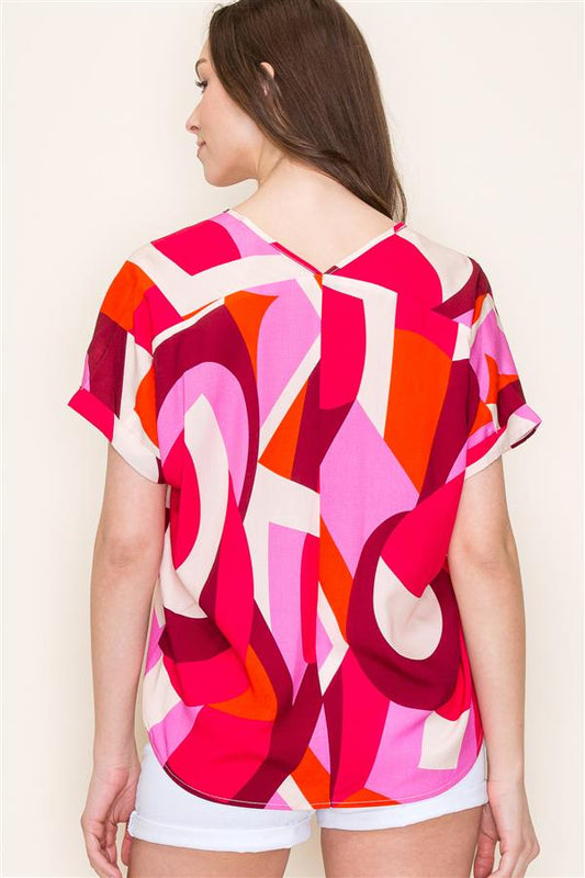 Short Sleeve Geo Print Blouse - Pink/Orange