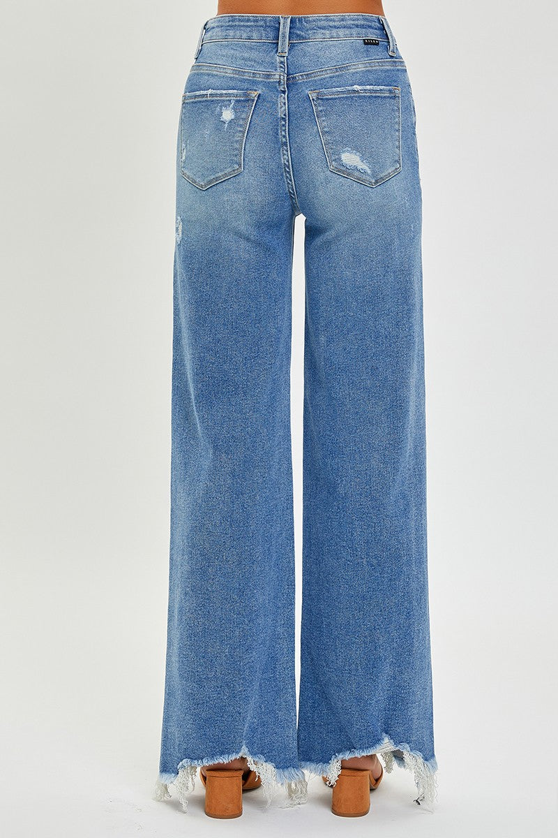 High Rise Frayed Hem Wide Leg Jeans - Medium