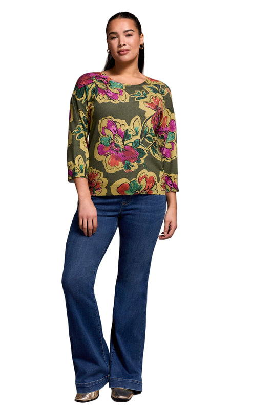 Tribal Soft Yarn Three-Quarter Sleeve Crewneck Sweater
