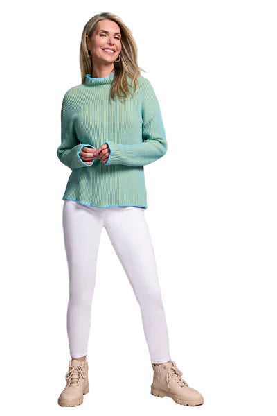 Tribal Combed Cotton Two-Tone Rib Funnel Neck Sweater