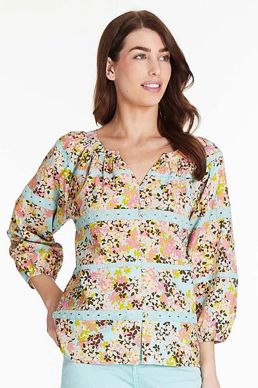 Button Front Print Embroidered Top