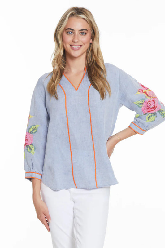Denim Blouse with Orange Embroidery
