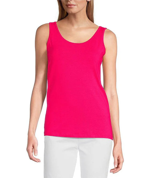 Double Scoop Neck Solid Knit Tank Top - Bright Pink