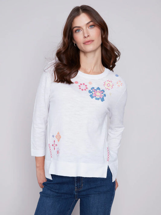 Cotton Sweater With Flower Embroidery - White