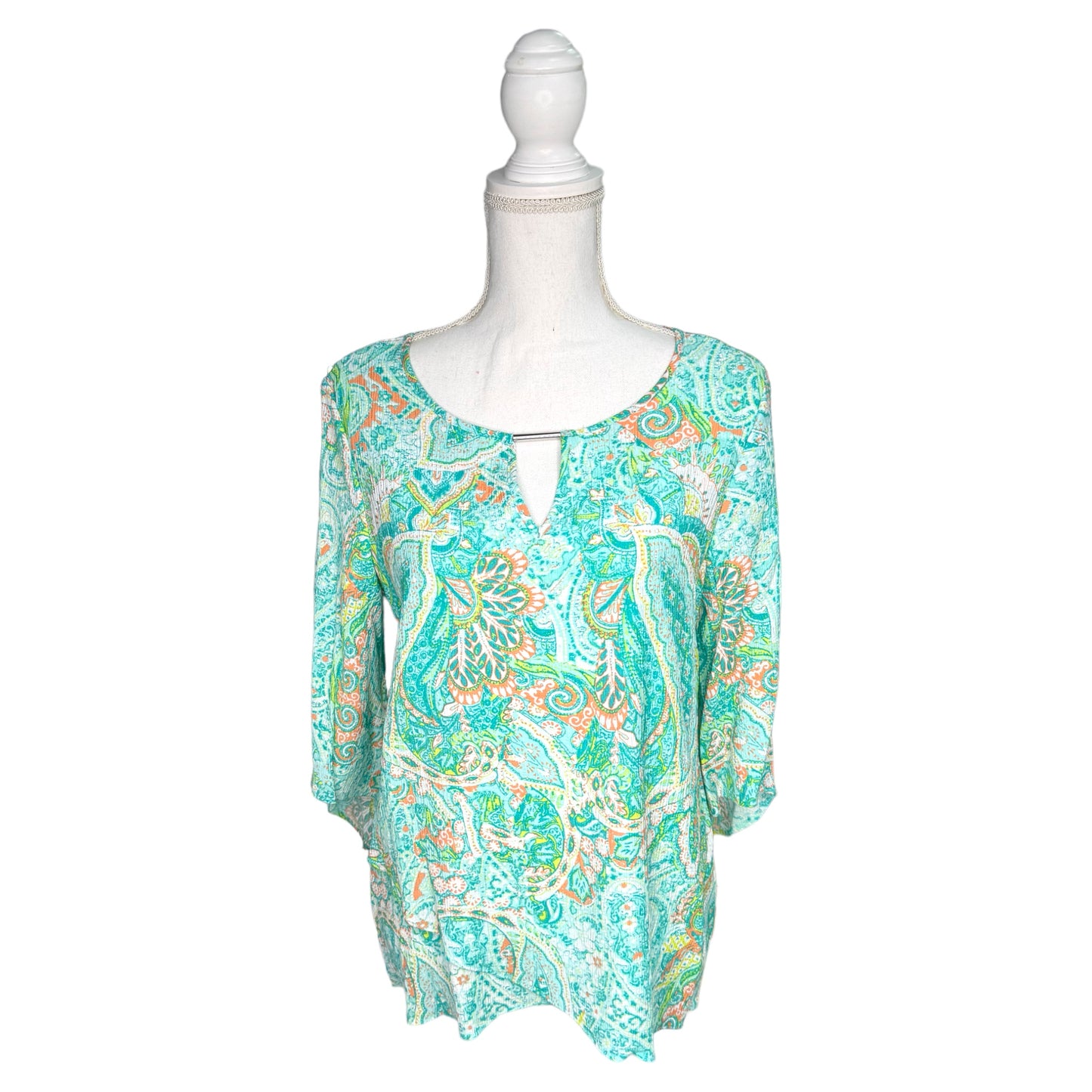 Blue, Orange, and Green Paisley V-Neck Blouse