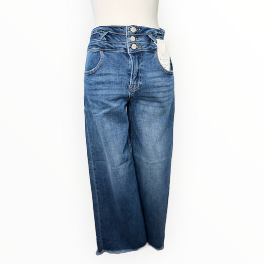 BAGGY DARK WASH RISEN JEANS WITH FRAYED ENDS