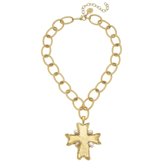 Gold Pearl Accent Cross Necklace