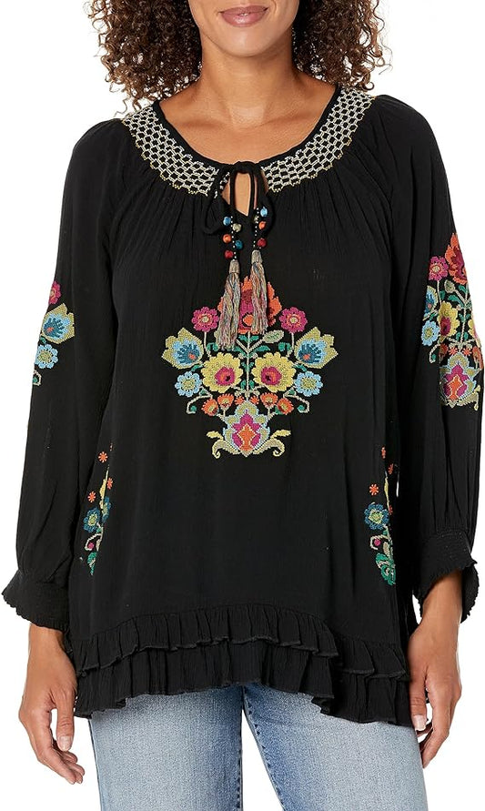 Embroidered Peasant Top with Smocking
