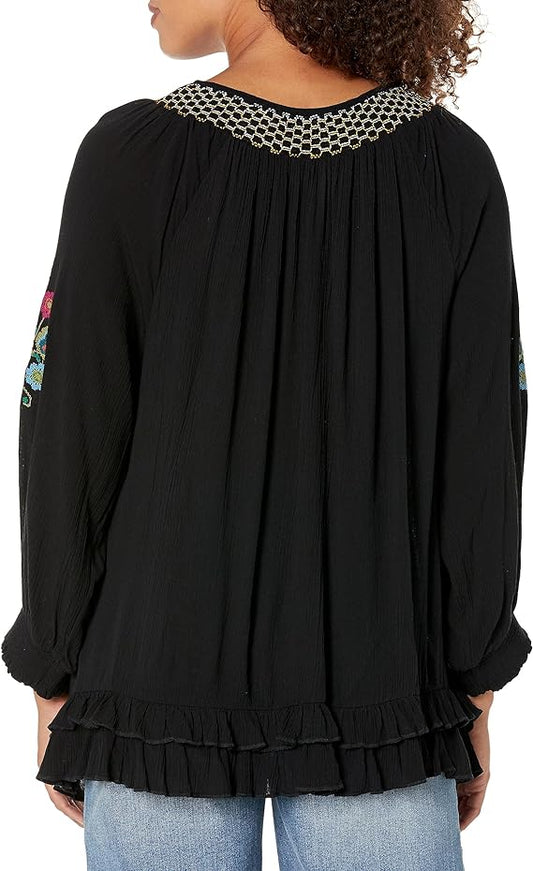 Embroidered Peasant Top with Smocking