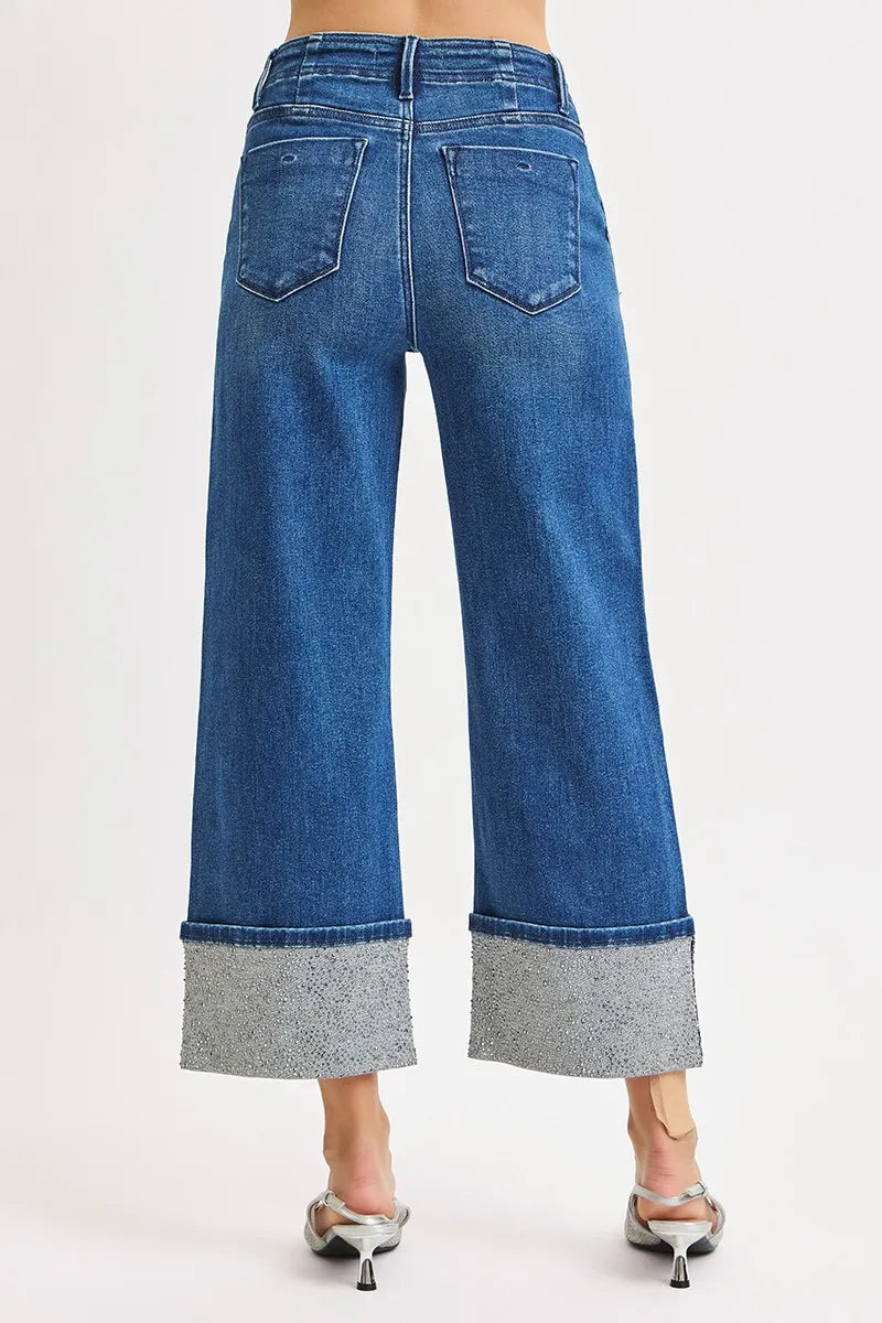 High Rise Ankle Cuff Rhinestone Jean