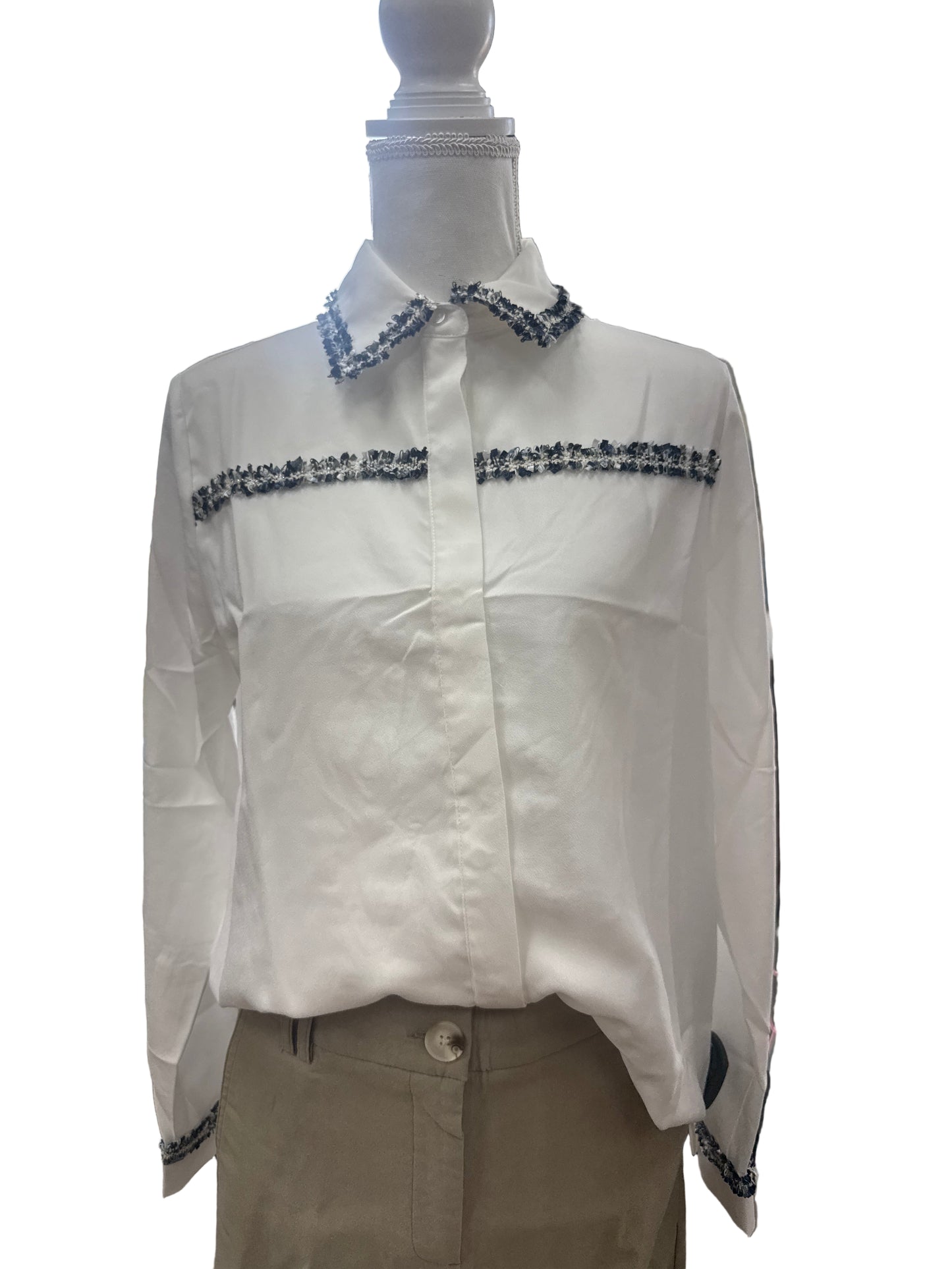 Renuar White Classic Blouse with Navy Detail