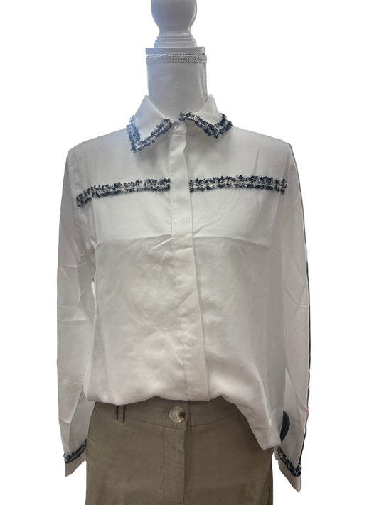 Renuar White Classic Blouse with Navy Detail