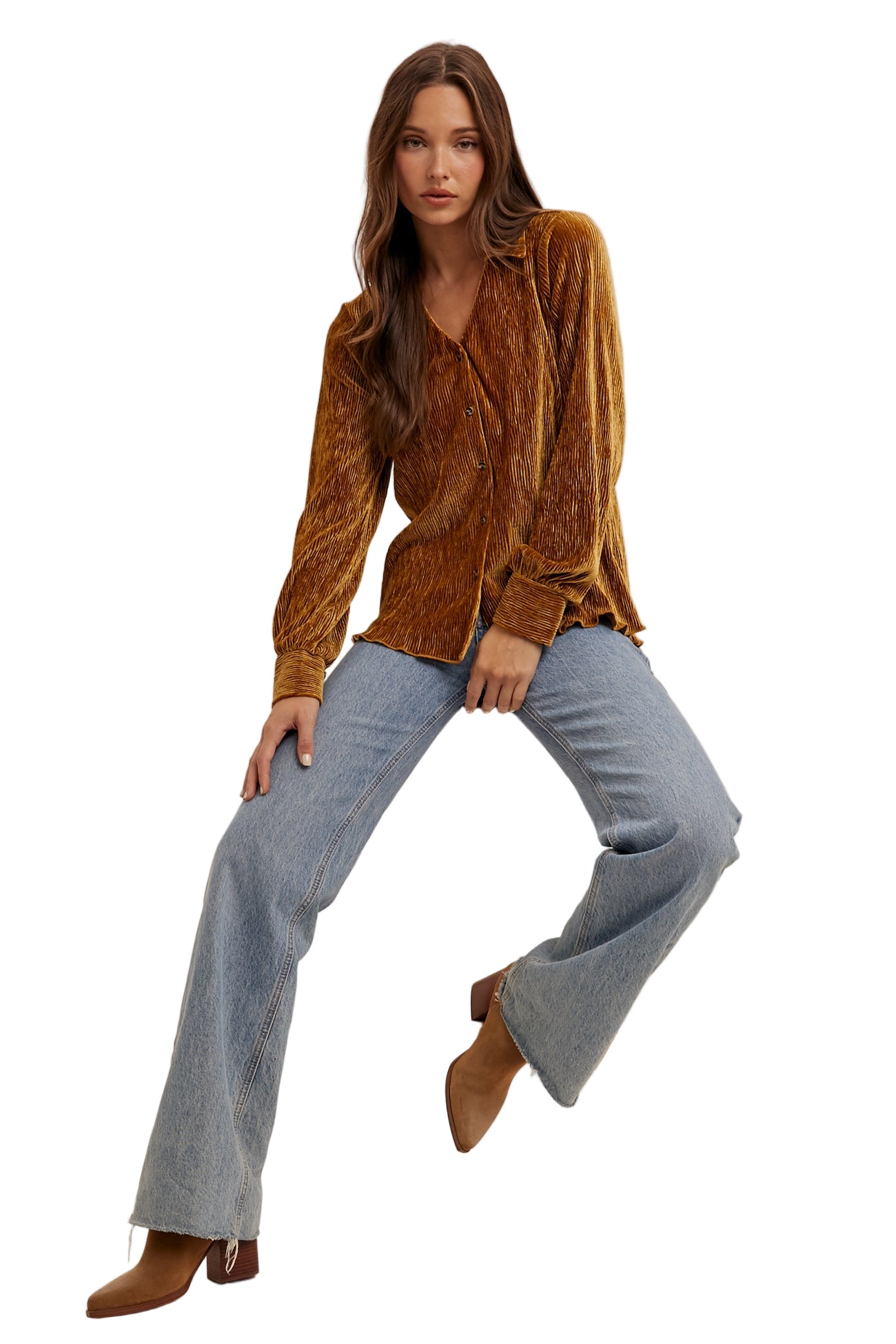 CRINKLE VELVET BUTTON DOWN SHIRT