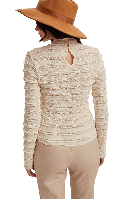 MOCK NECK RUFFLED LACE LONG SLEEVE TOP