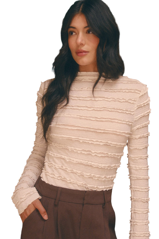 MOCK NECK RUFFLED LACE LONG SLEEVE TOP