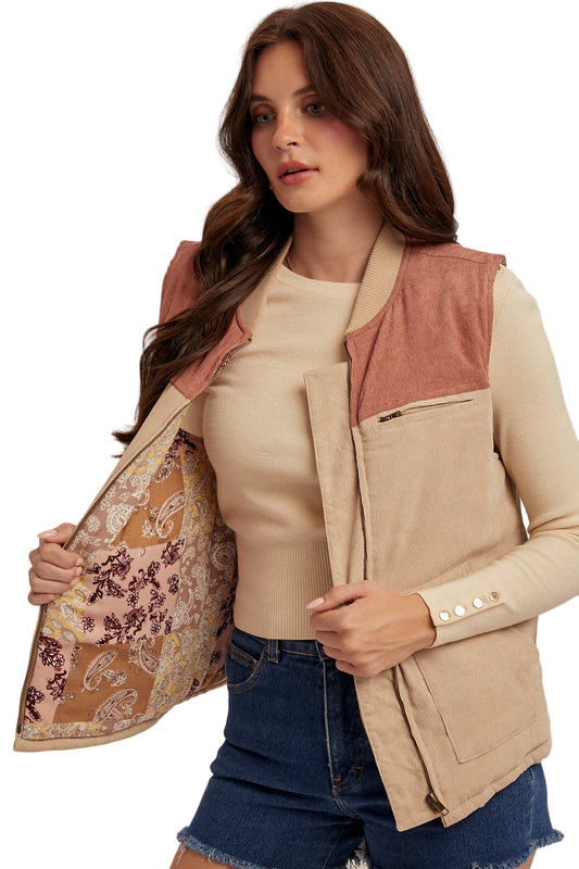 COLOR BLOCK CORDUROY MIXED PRINT LINING DETAIL VEST