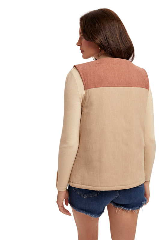 COLOR BLOCK CORDUROY MIXED PRINT LINING DETAIL VEST