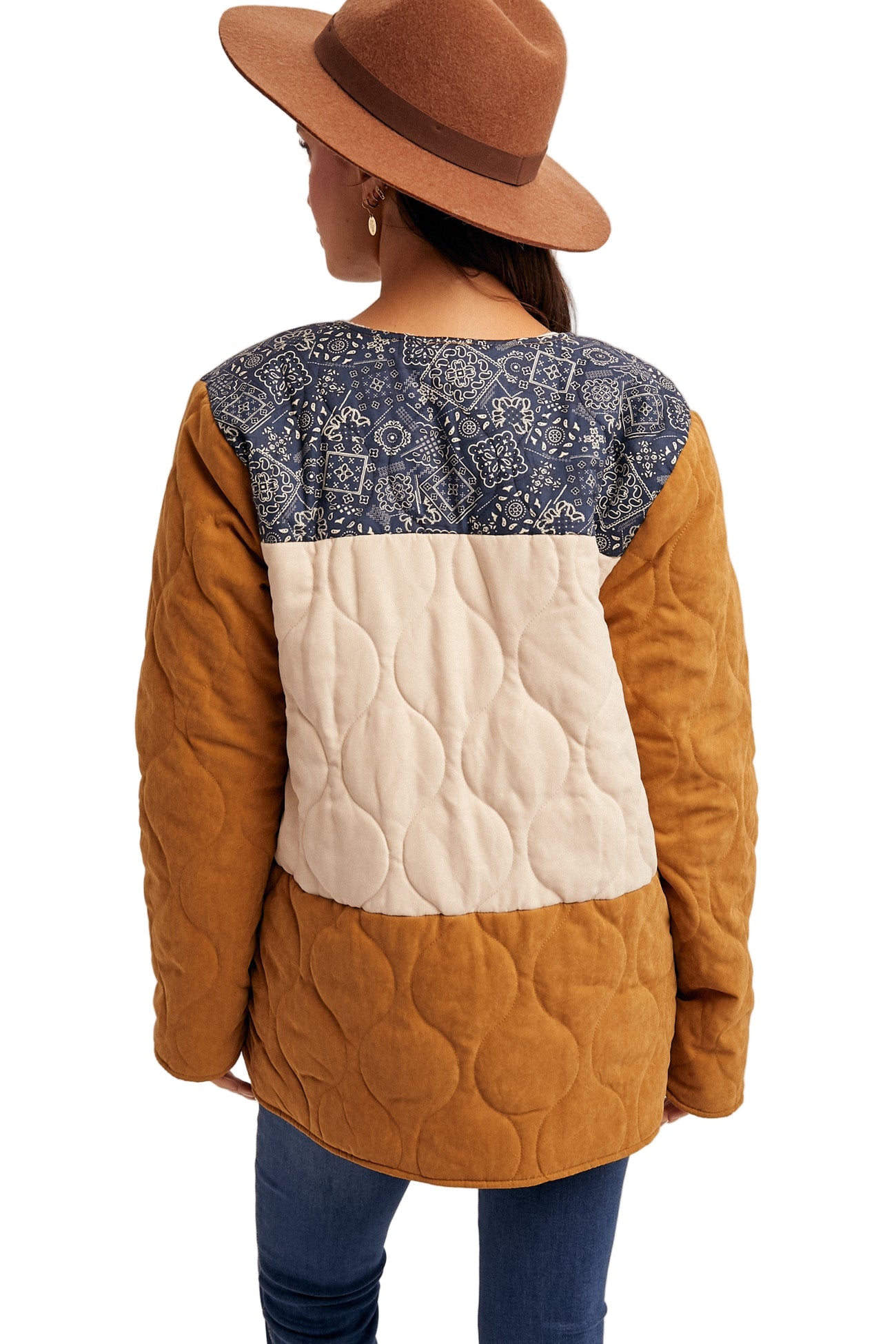 BANDANA PRINT CONTRAST COLOR BLOCK FLEECE LINED JACKET