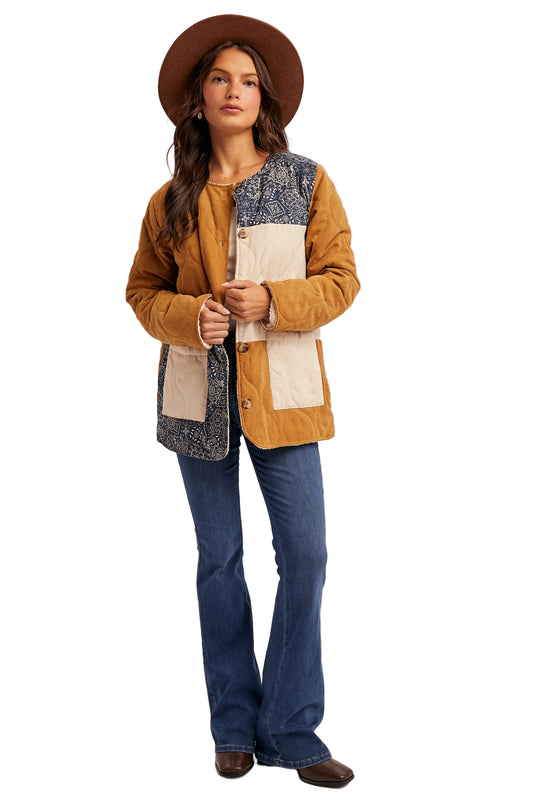 BANDANA PRINT CONTRAST COLOR BLOCK FLEECE LINED JACKET