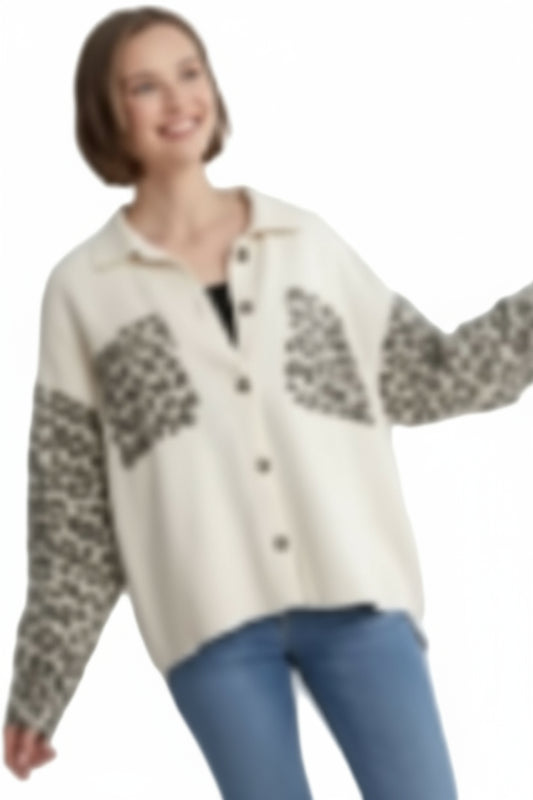 Oatmeal Button Up Jacket with Leopard Detail