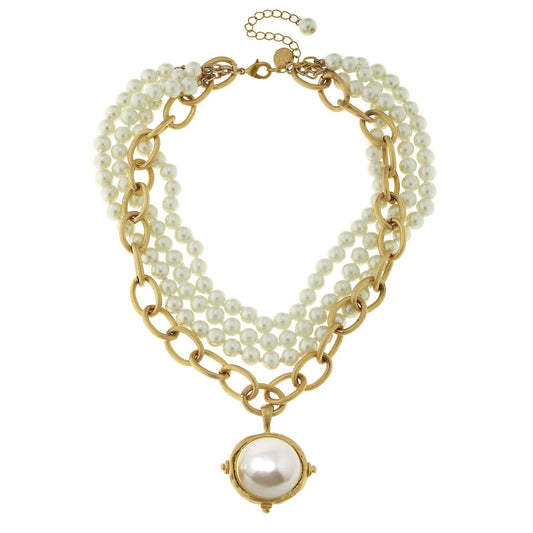 Layered Pearl & Gold Statement Necklace