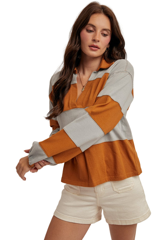 COLOR BLOCK V NECK COLLARED OVERSIZED KNIT TOP