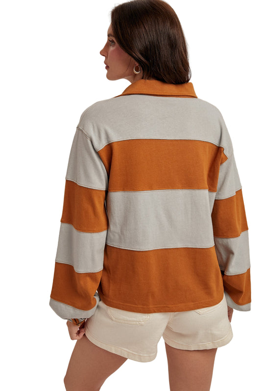 COLOR BLOCK V NECK COLLARED OVERSIZED KNIT TOP