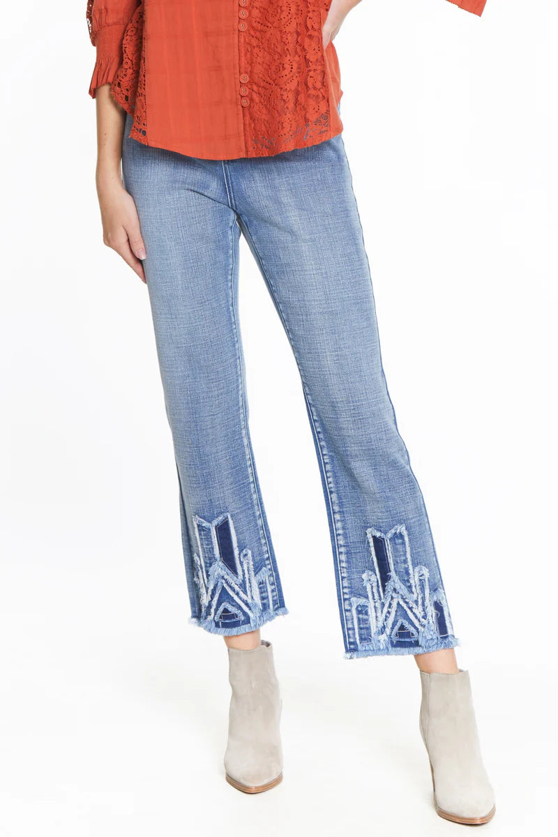 Straight Jean with a Hem Appliqué- Medium Indigo