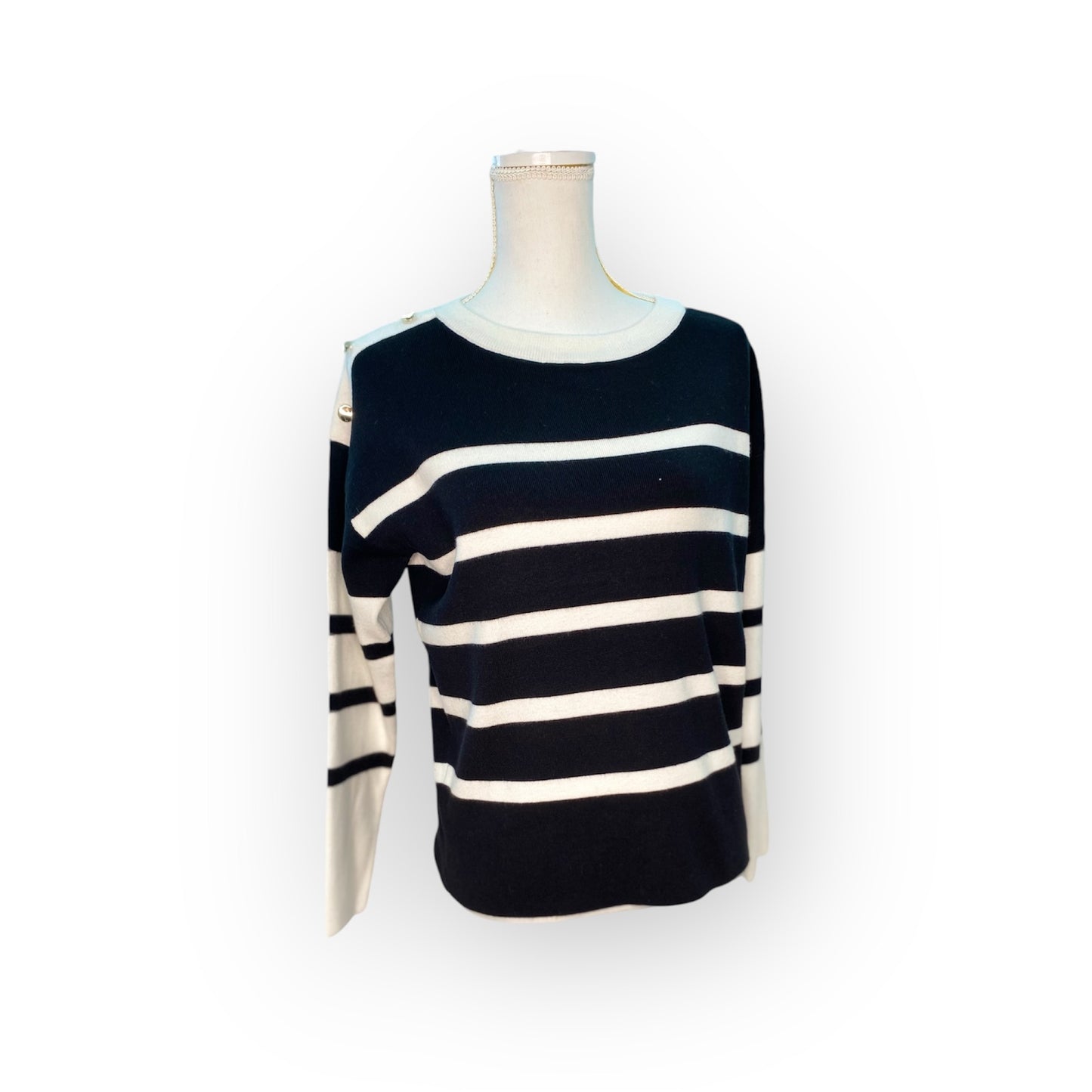 BLACK AND WHITE STRIPED SWEATER W/ GOLD BUTTONS