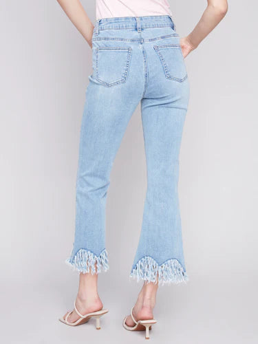 Cropped Jeans with Fringed Hem - Light Blue