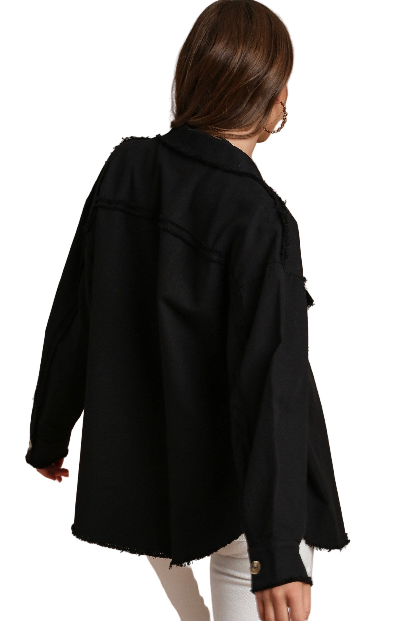 Lightweight Cotton Overshirt Jacket with Tortoise Shell Button & Frayed Hem Details - Black