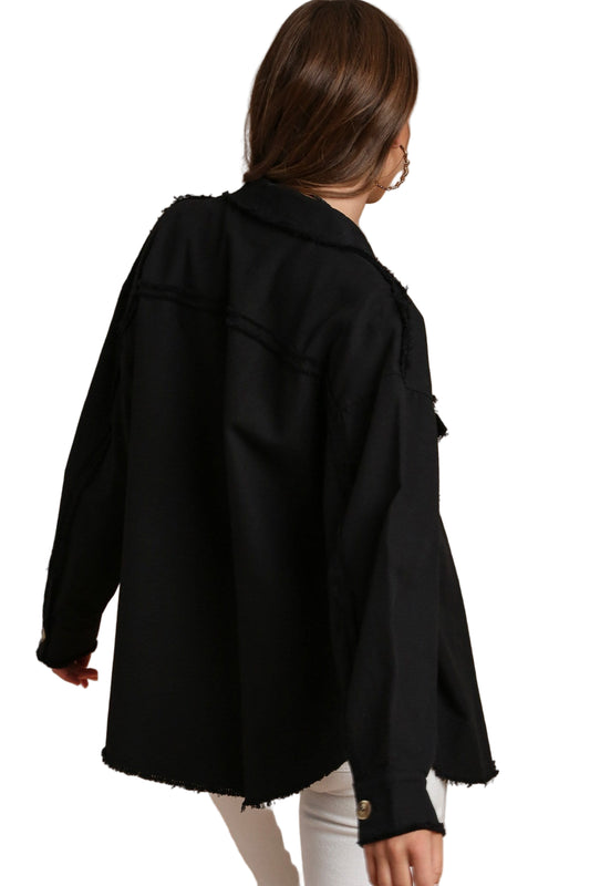 Lightweight Cotton Overshirt Jacket with Tortoise Shell Button & Frayed Hem Details - Black