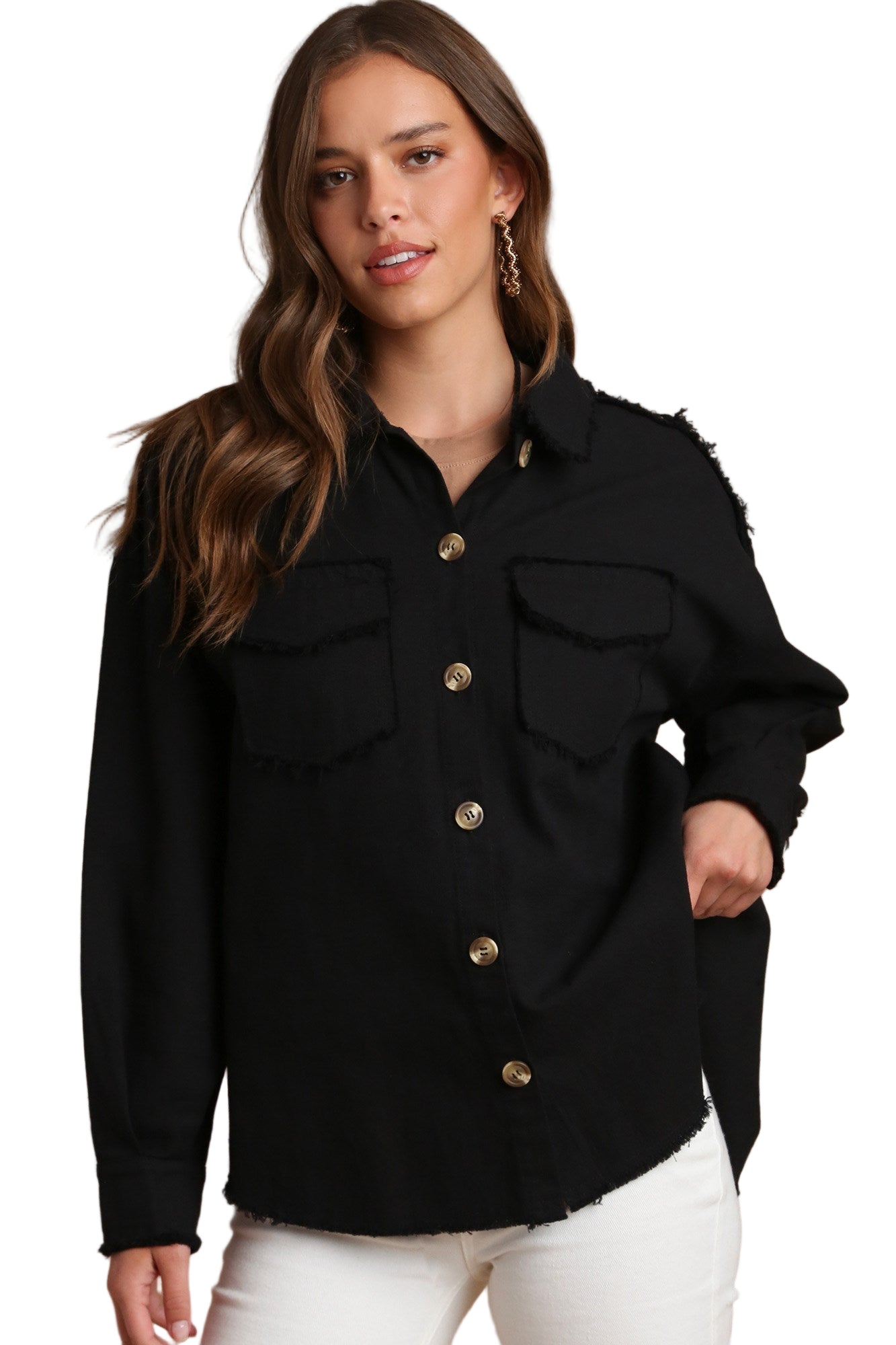 Lightweight Cotton Overshirt Jacket with Tortoise Shell Button & Frayed Hem Details - Black