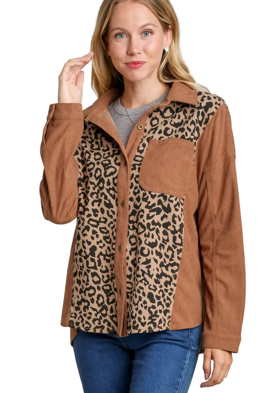 Long Sleeve Mocha/Leopard Button Up