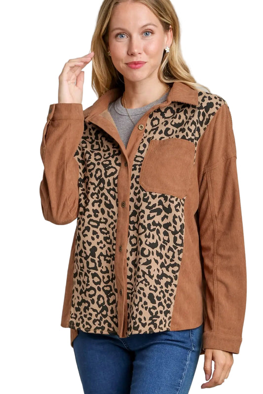 Long Sleeve Mocha/Leopard Button Up