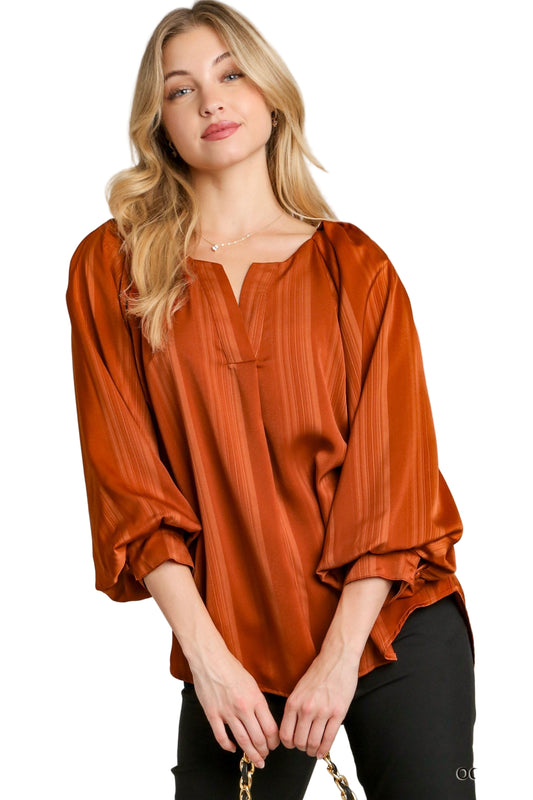 Stripe Satin V-Notched Blouse with 3/4 Bubble Sleeves
