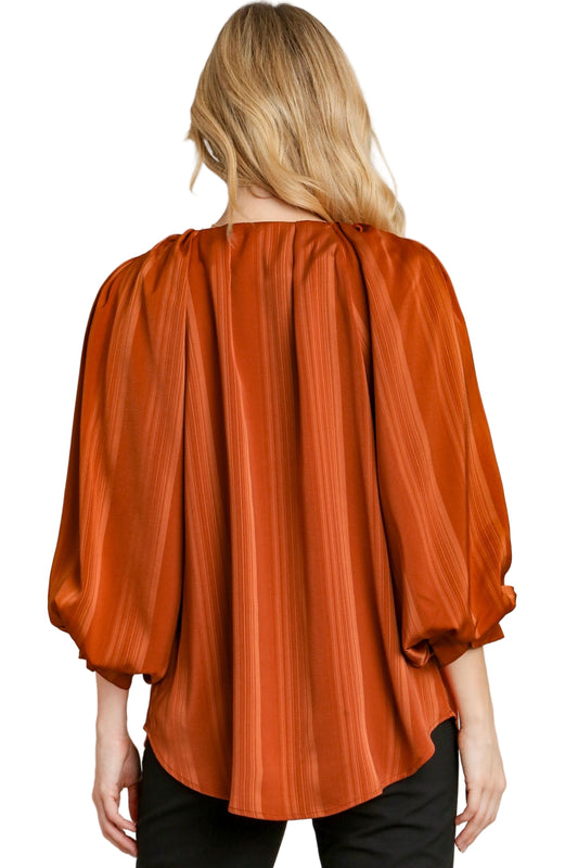Stripe Satin V-Notched Blouse with 3/4 Bubble Sleeves