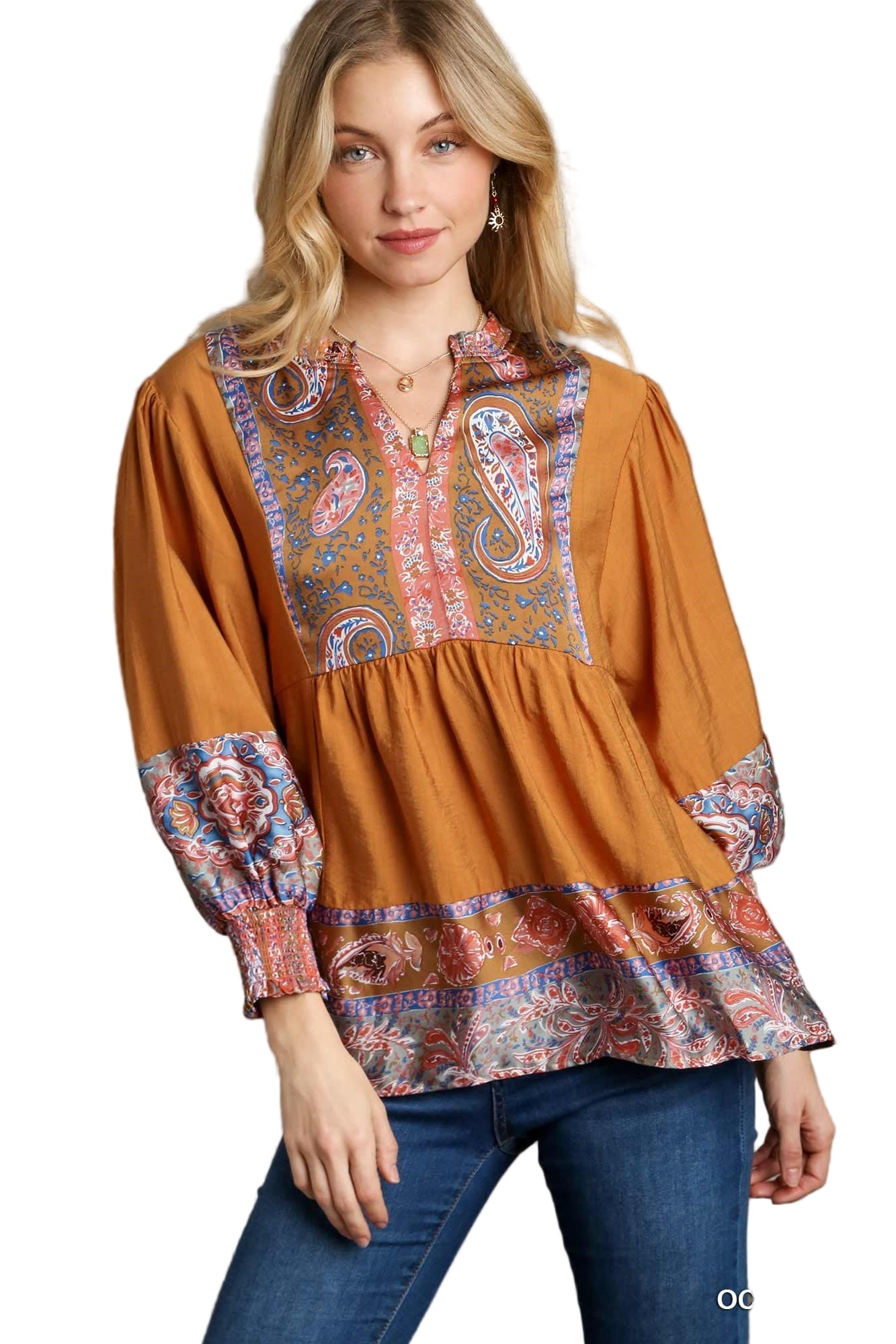 Border Print Split Neck Baby Doll 3/4 Puff Sleeve Top