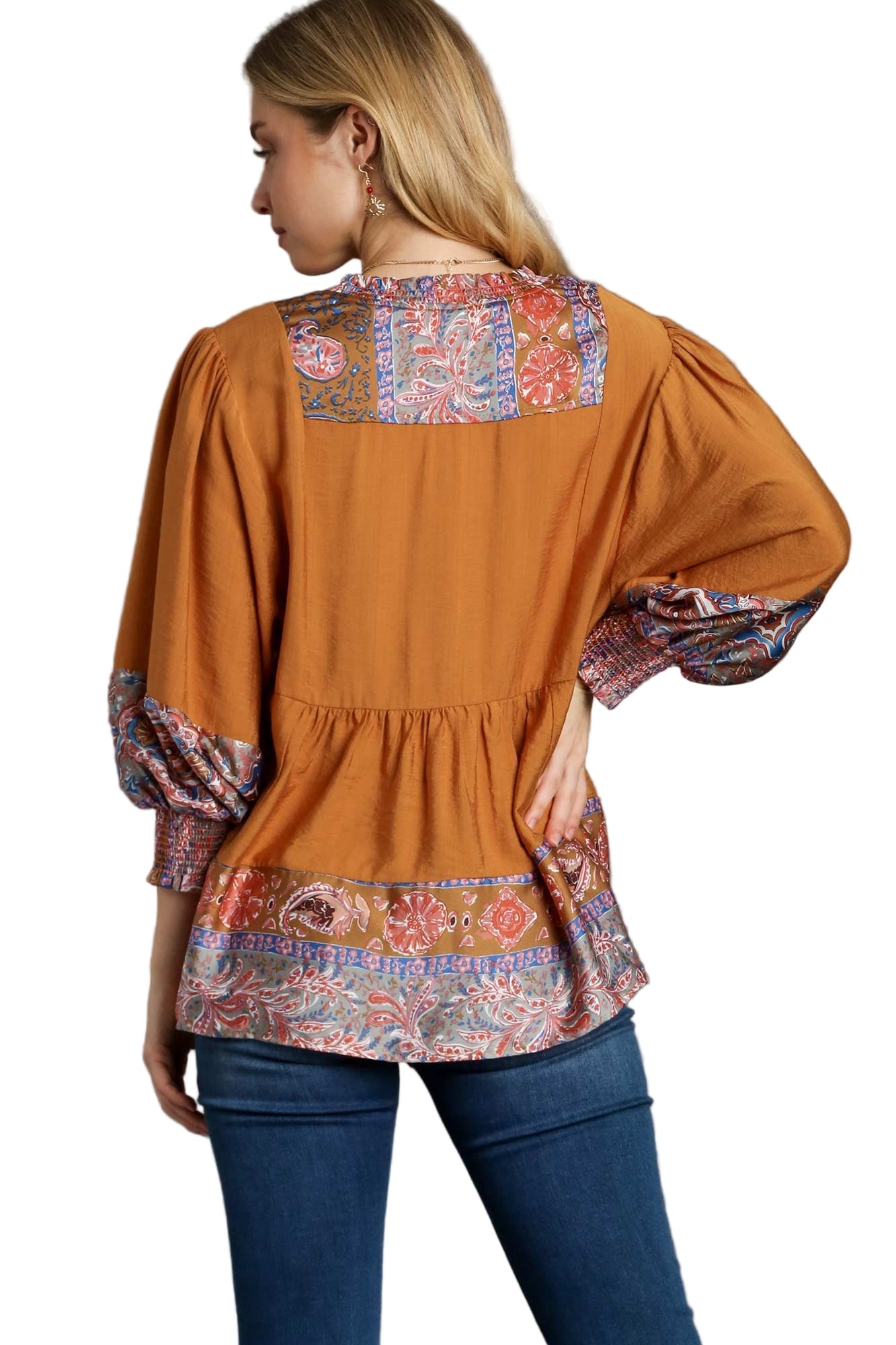 Border Print Split Neck Baby Doll 3/4 Puff Sleeve Top