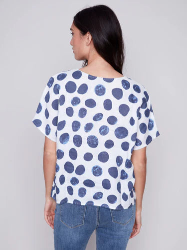 Printed Linen Dolman Top - Dots