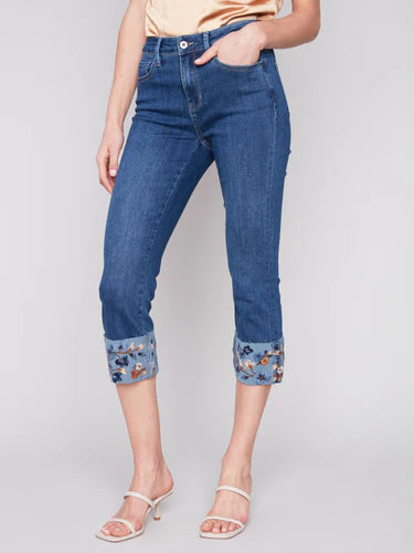 +Cropped Jeans With Embroidered Cuff - Indigo