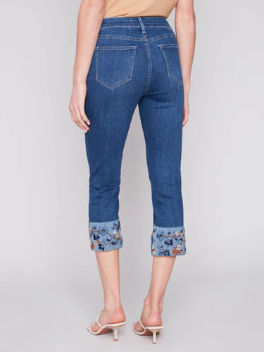 +Cropped Jeans With Embroidered Cuff - Indigo