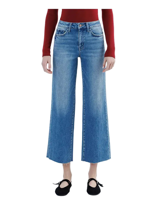 High Rise Raw Hem Crop Slim Wide Jeans