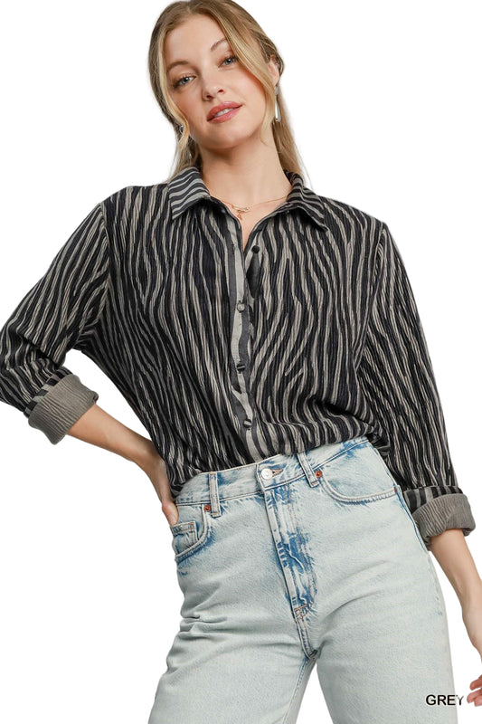 Pleated Print Velvet Top - Grey