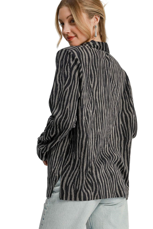 Pleated Print Velvet Top - Grey
