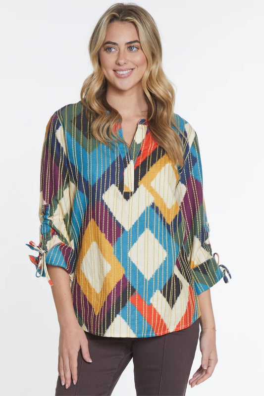 Stitched Print Henley Top- Multi